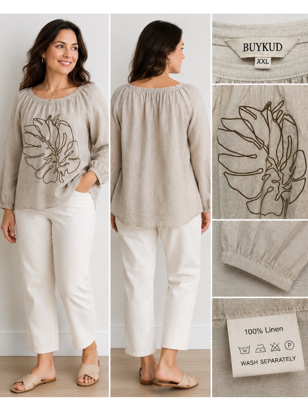BUYKUD XXL (2XL) Beige 100% Linen Embroidered Leaf Blouse Boho Art Top